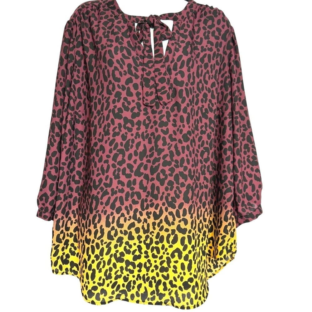Torrid Burgundy Tunic Top Leopard Print Ombre Womens Size 2X Blouse 3/4 Sleeve